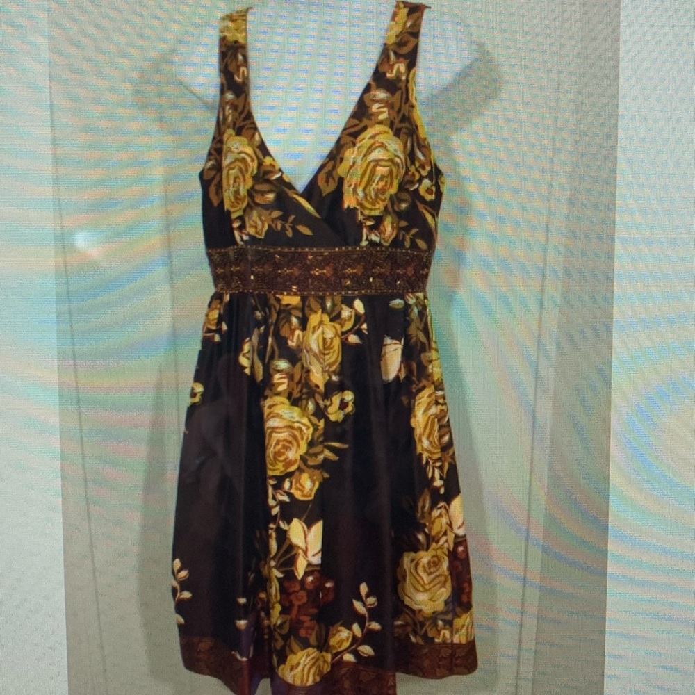 Forever Womens Party Dress Size M Brown Gold Satin Beaded Sleeveless